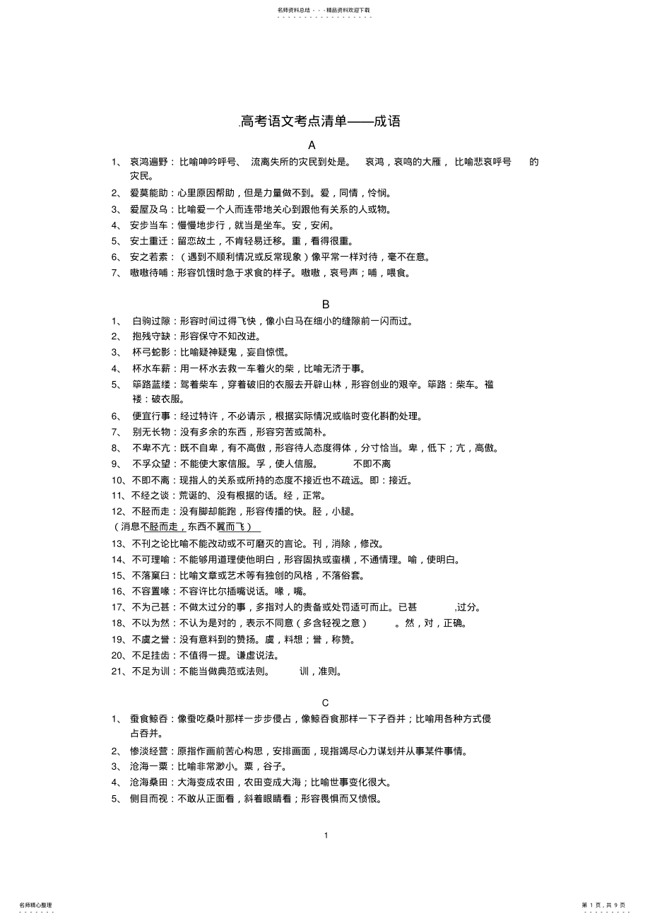 2022年高考语文考点清单——成语意思归纳总结讲课讲稿 .pdf_第1页