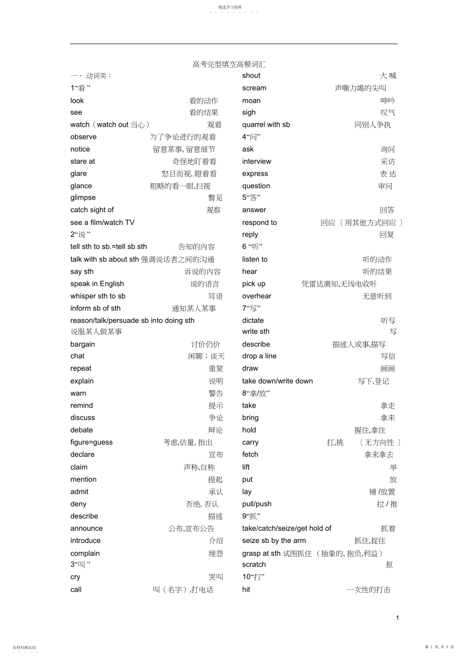 2022年高考完型填空高频词汇.docx_第1页