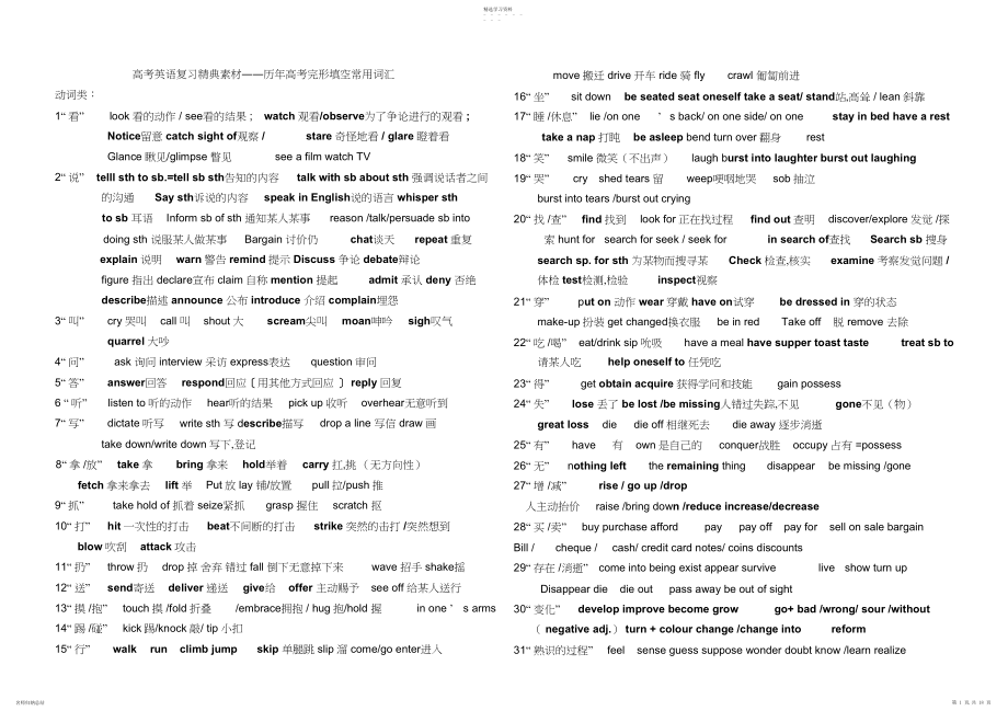 2022年高考英语复习精典素材历年高考完形填空常用词汇.docx_第1页