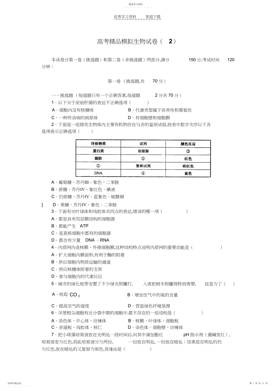 2022年高考精品模拟生物试卷.docx_第1页