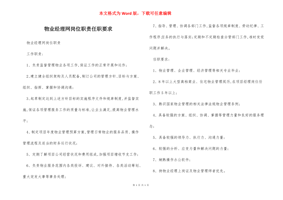 物业经理网岗位职责任职要求.docx_第1页