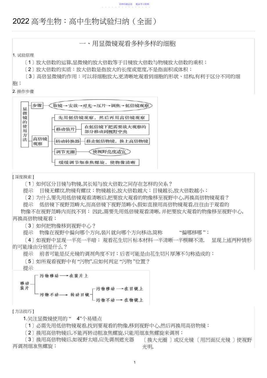 2022年高考生物：高中生物实验归纳.docx_第1页