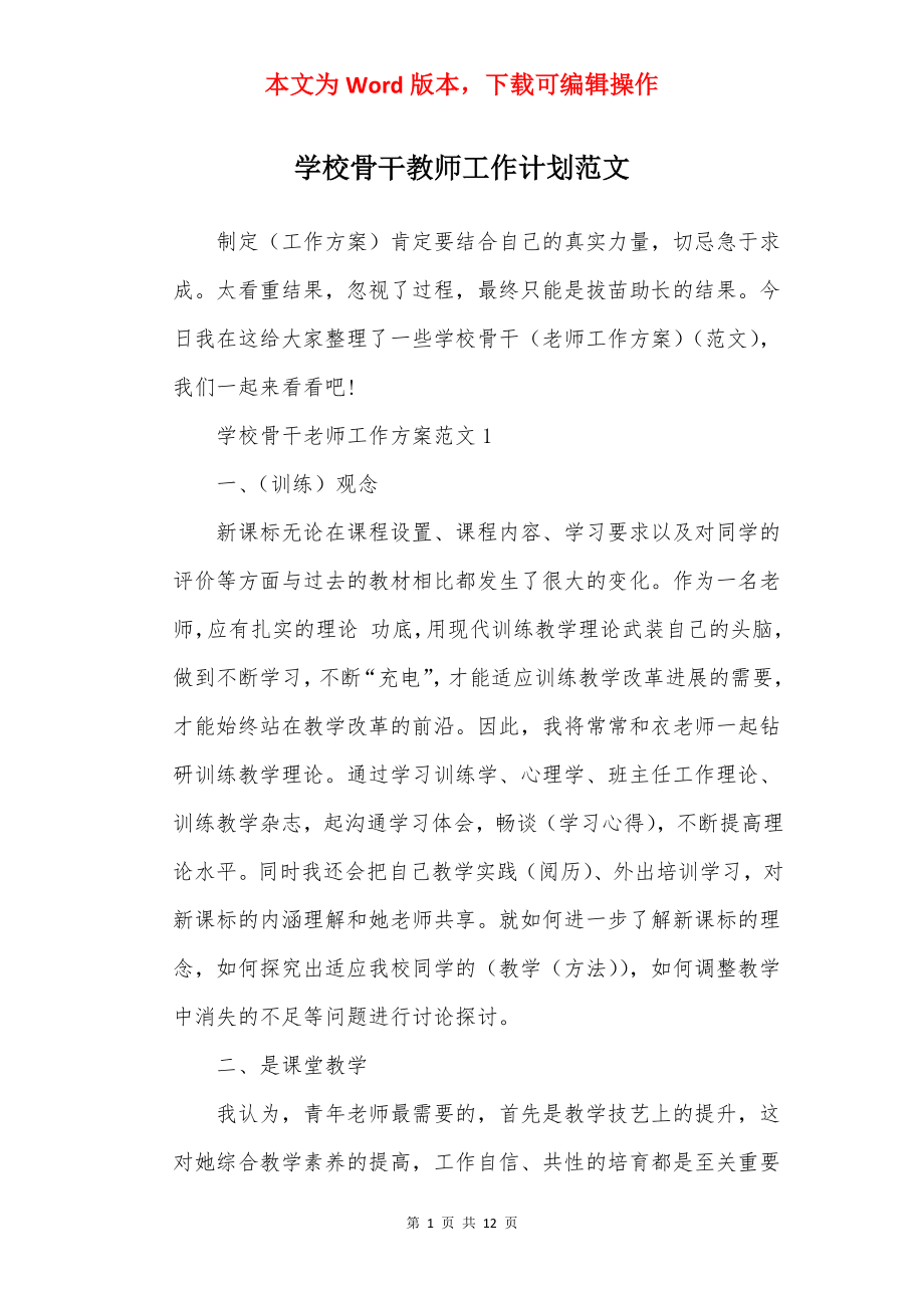 学校骨干教师工作计划范文.docx_第1页