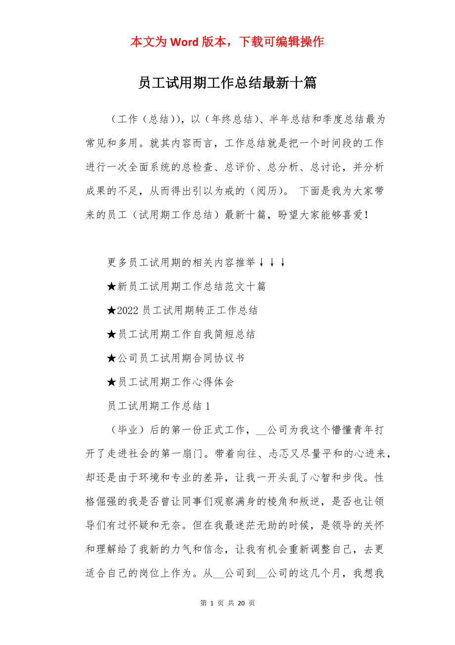 员工试用期工作总结最新十篇.docx_第1页