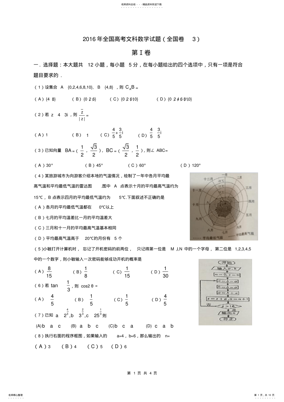 2022年年高考文科数学试题全国卷,推荐文档 .pdf_第1页