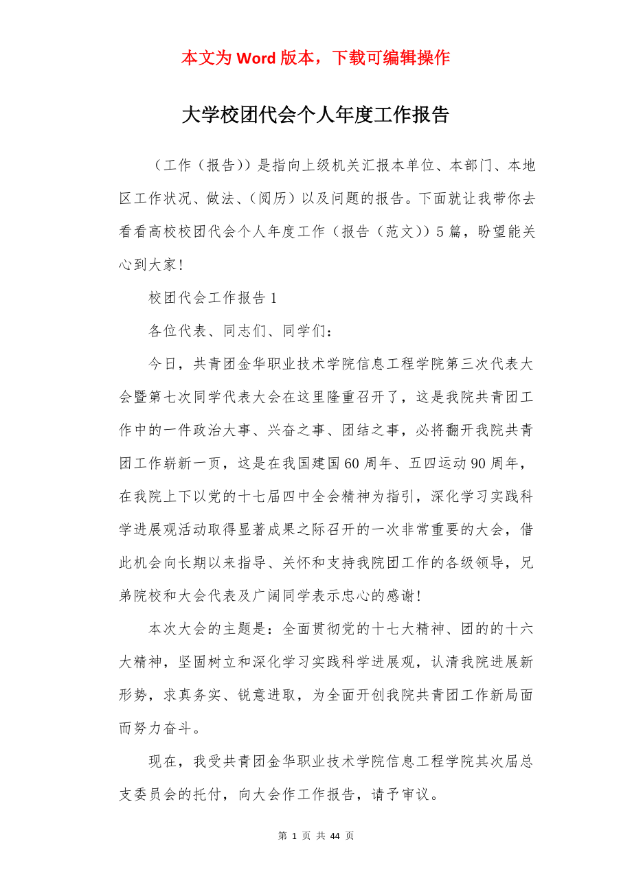 大学校团代会个人年度工作报告.docx_第1页