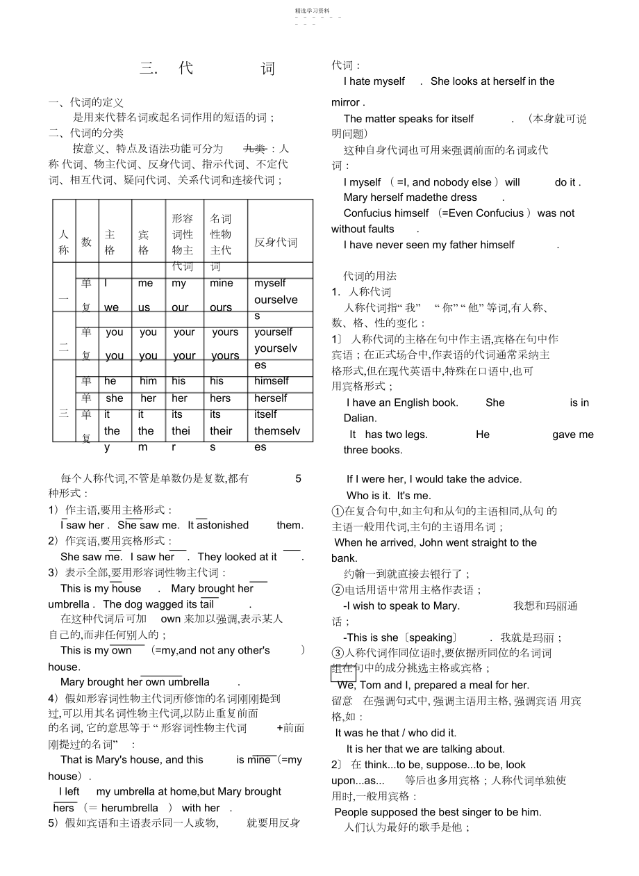 2022年高考英语《中学英语语法全程复习》之--代词.docx_第1页