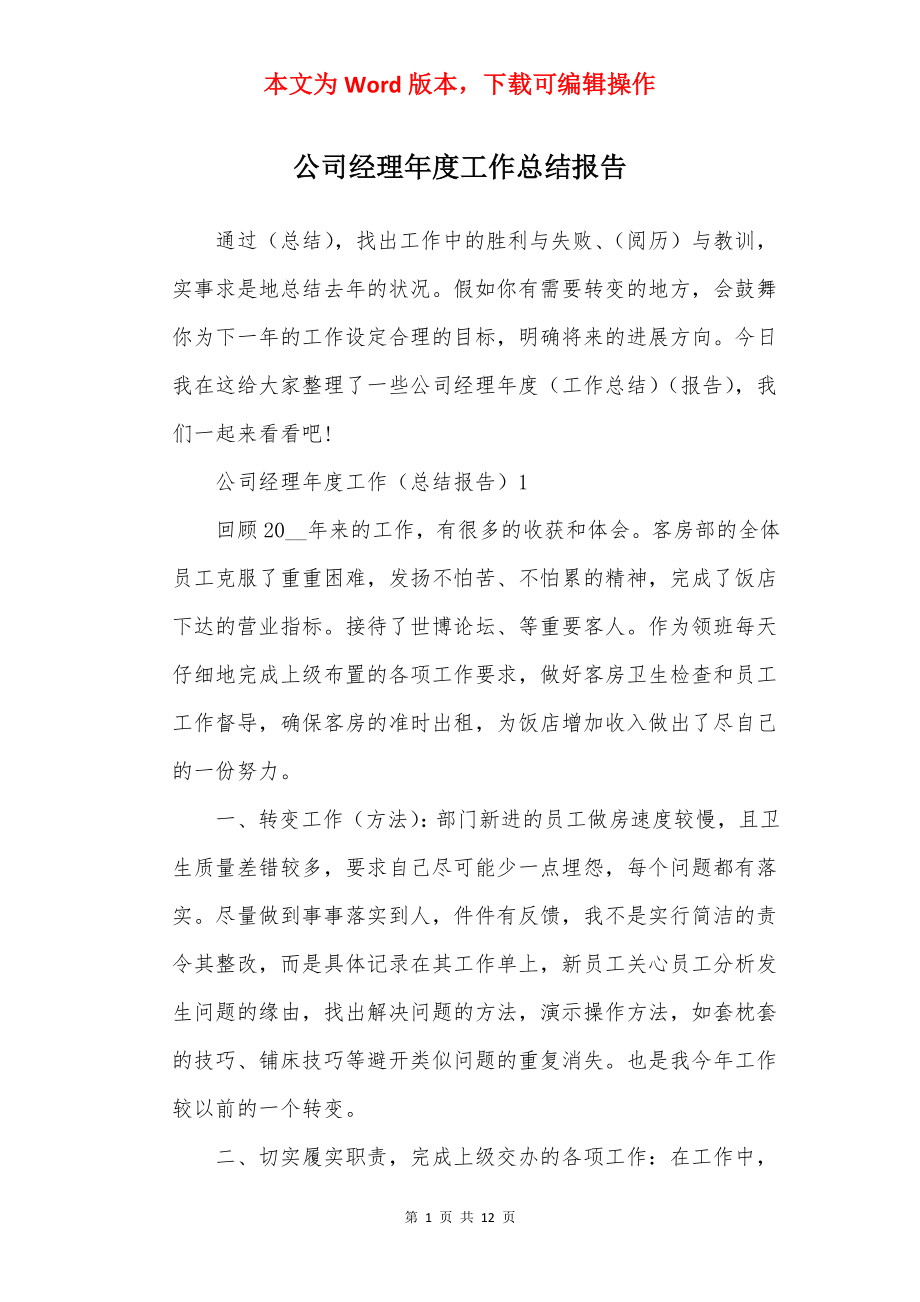 公司经理年度工作总结报告.docx_第1页