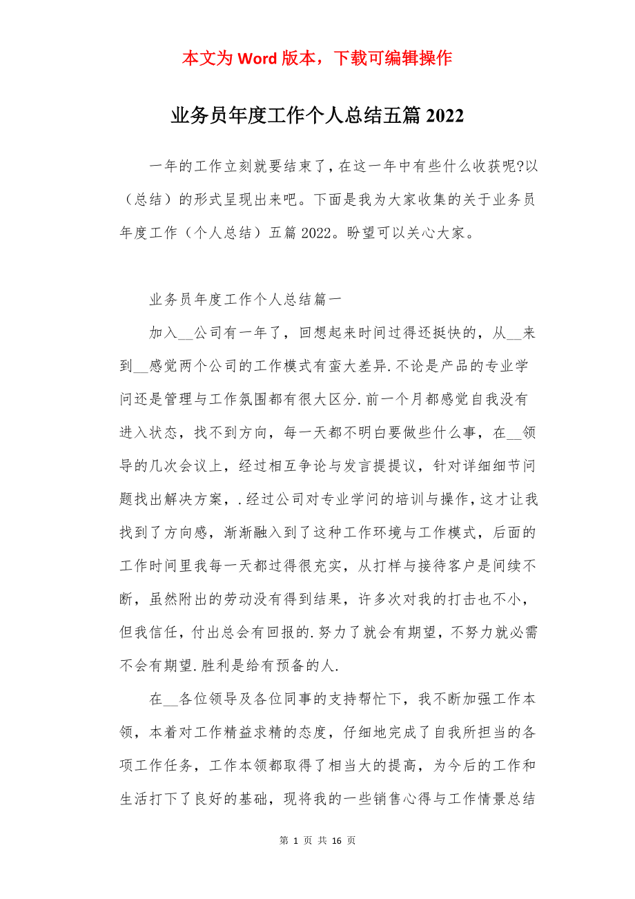 业务员年度工作个人总结五篇2022.docx_第1页