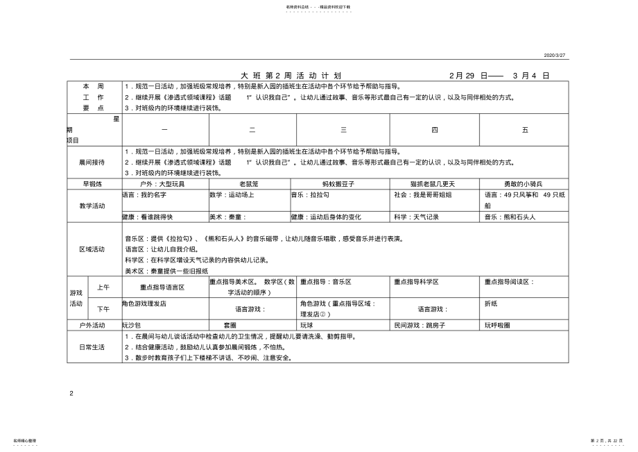 2022年幼儿园大班周计划表超级详细 .pdf_第2页