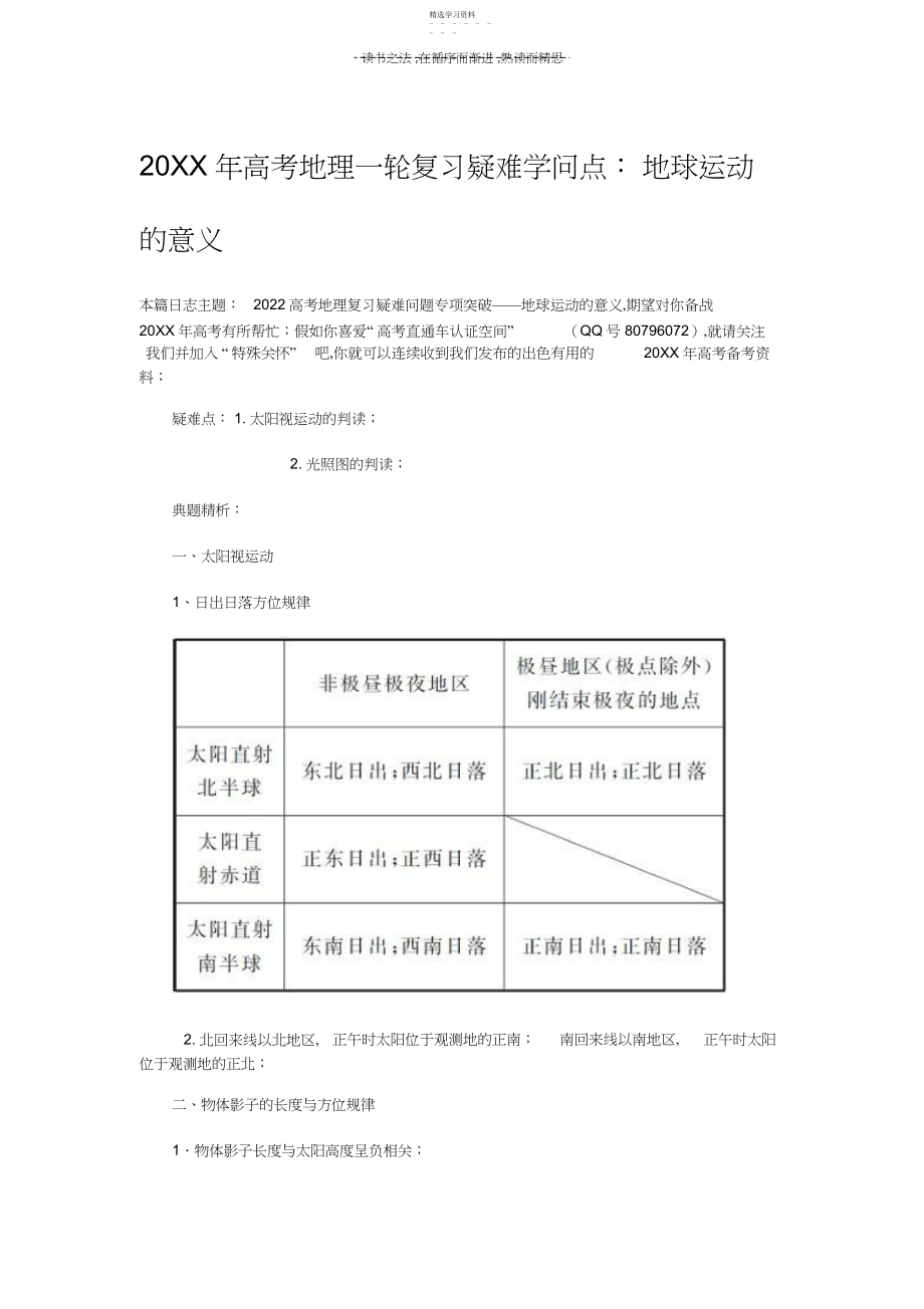 2022年高考地理一轮复习疑难知识点地球运动的意义.docx_第1页