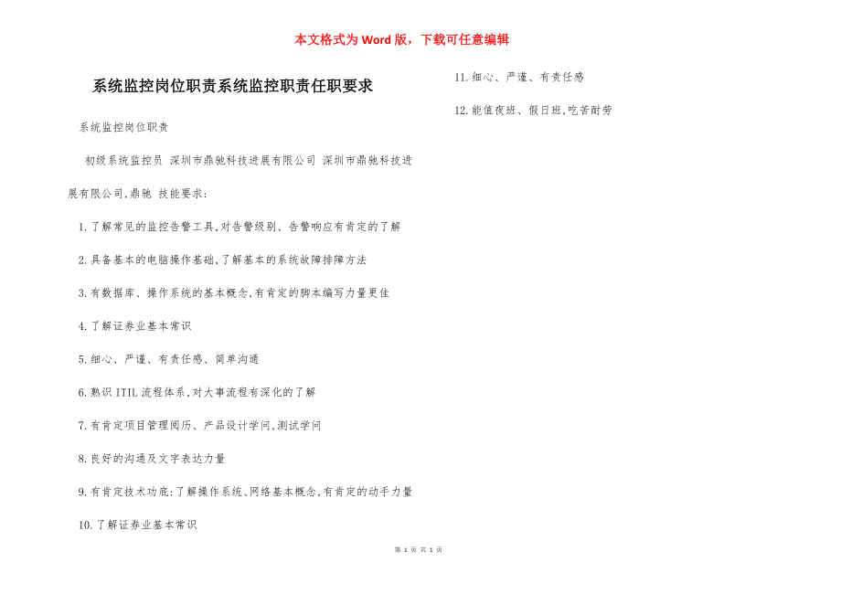 系统监控岗位职责系统监控职责任职要求.docx_第1页