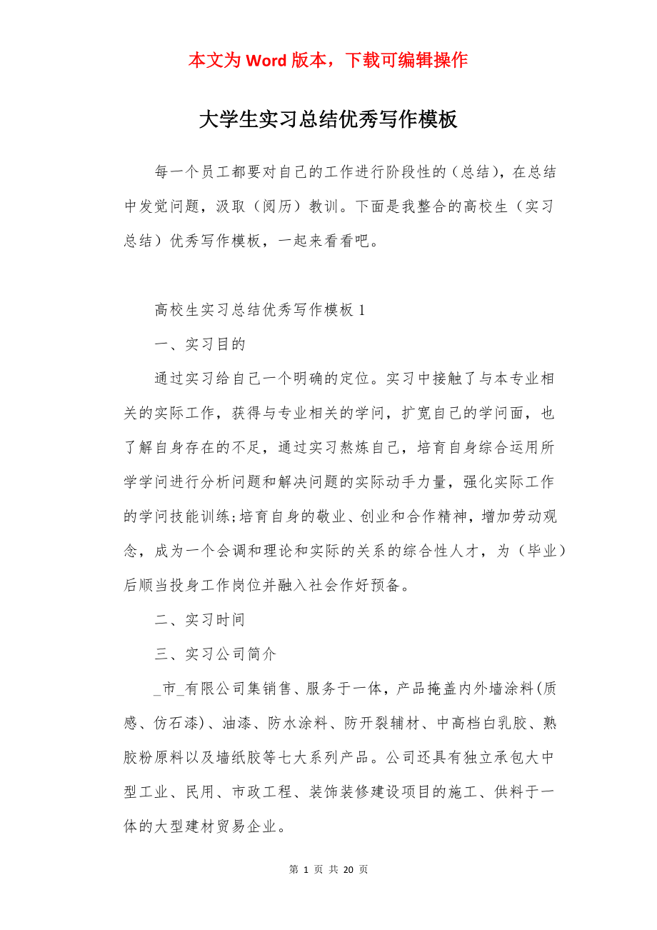 大学生实习总结优秀写作模板.docx_第1页