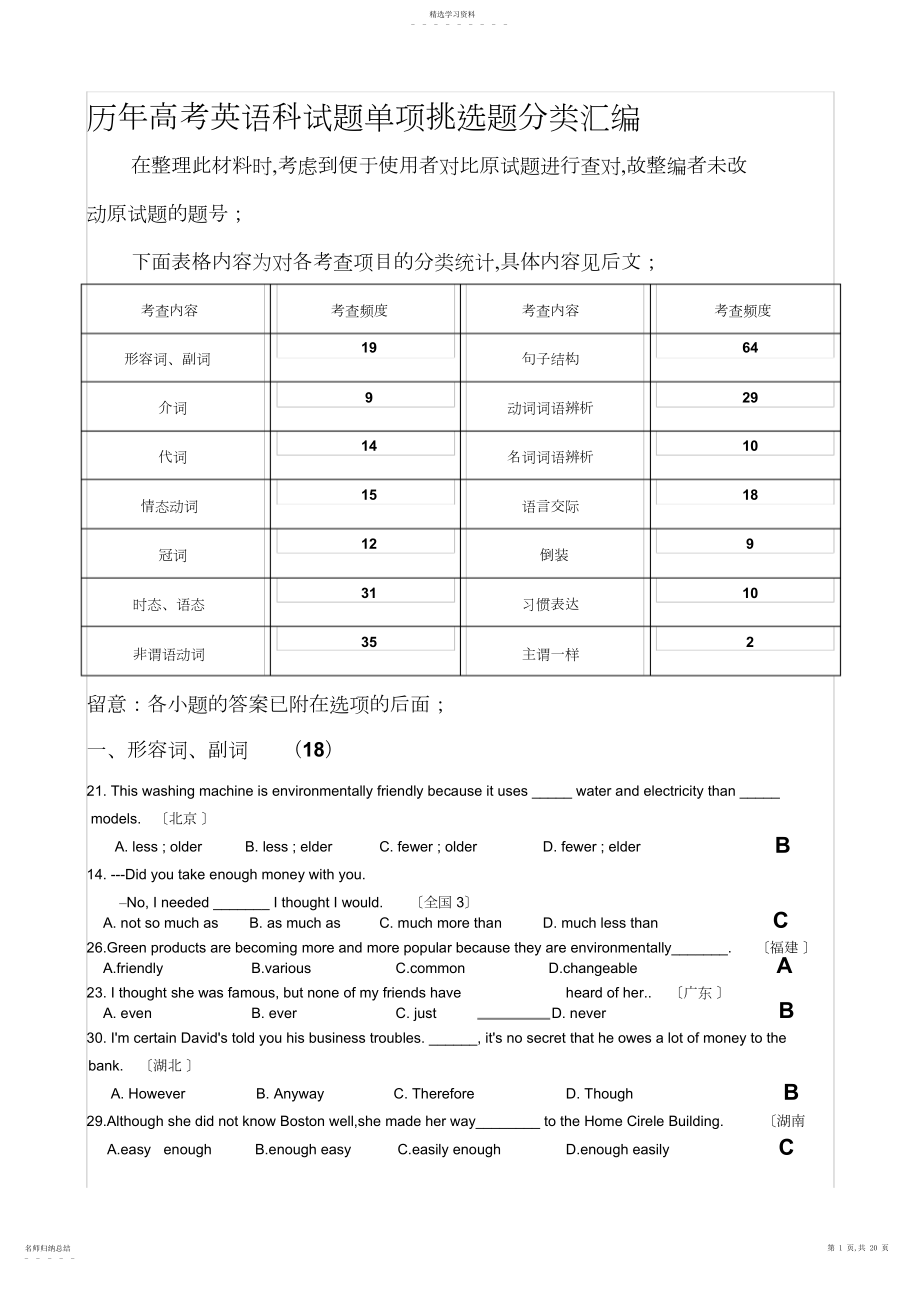 2022年高考英语试题单项选择题分类汇编.docx_第1页