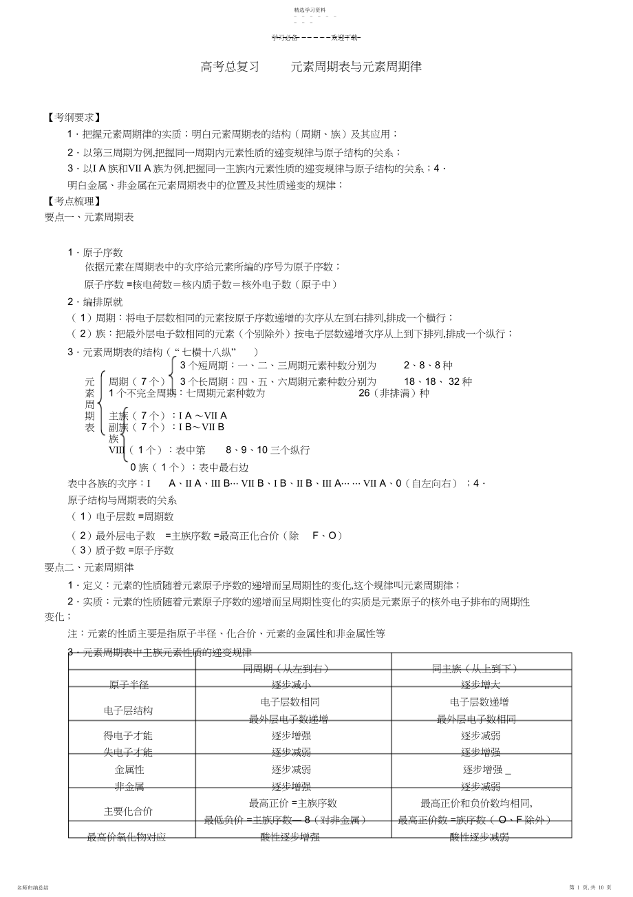 2022年高考总复习元素周期表和元素周期律.docx_第1页