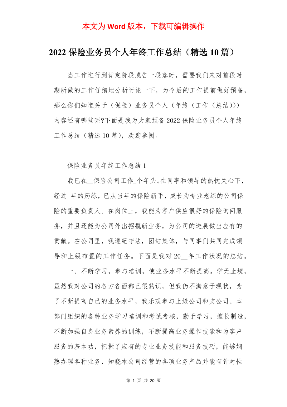 2022保险业务员个人年终工作总结（精选10篇）.docx_第1页