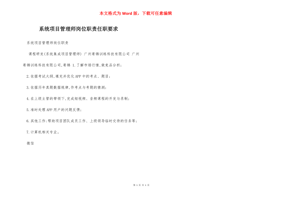 系统项目管理师岗位职责任职要求.docx_第1页