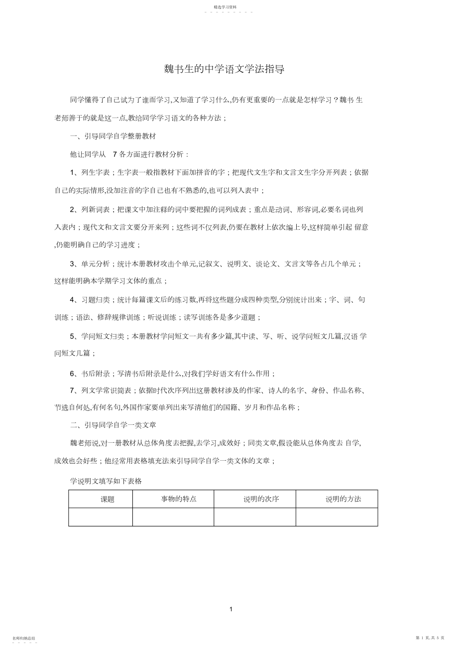 2022年魏书生的初中语文学法指导.docx_第1页