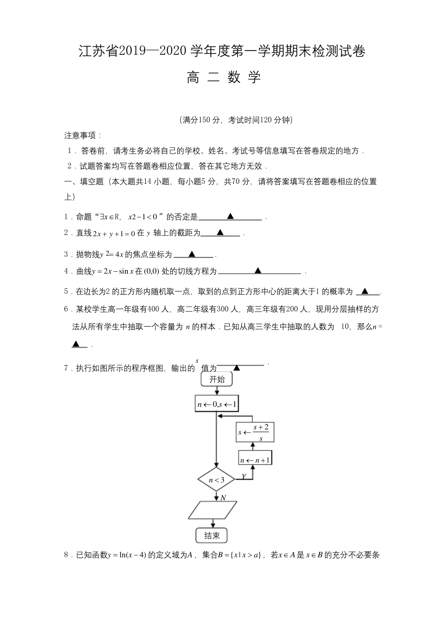 江苏省2019-2020学年高二上学期期末考试数学试卷.docx_第1页