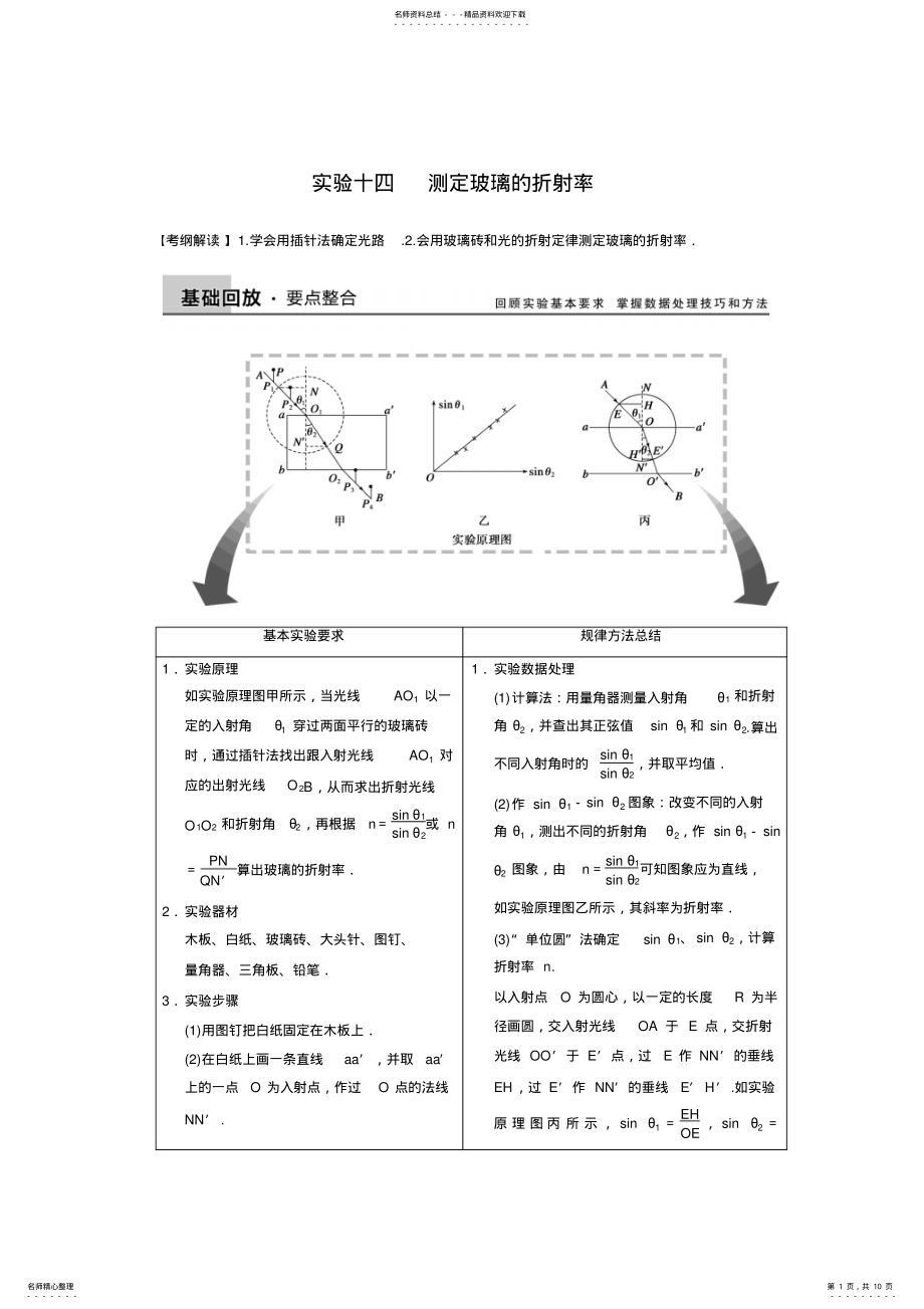 2022年高考物理一轮复习教案：第十二章实验十四测定玻璃的折射率 .pdf_第1页