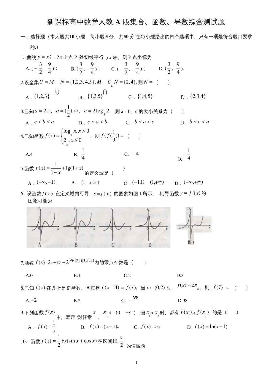 新课标高中数学人教A版集合、函数、导数综合测试题.docx_第1页