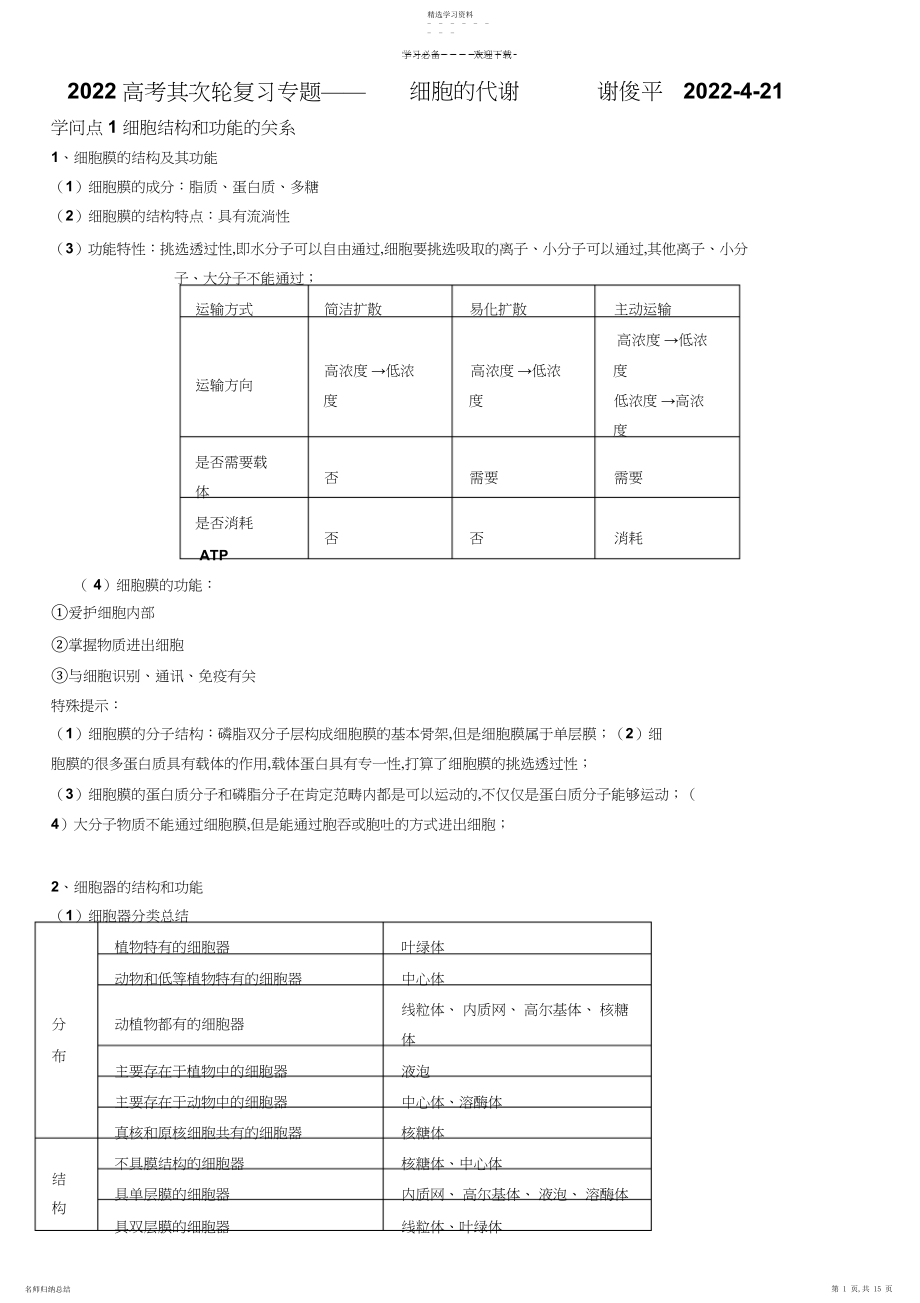 2022年高考第二轮复习专题细胞的代谢.docx_第1页