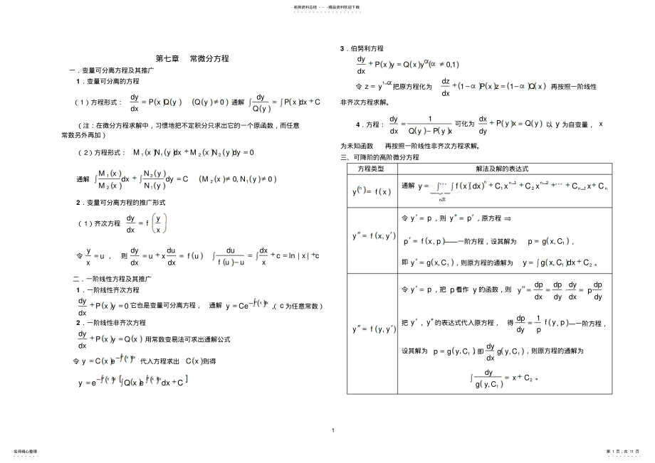 2022年高等数学第七章微分方程试题及答案 .pdf_第1页