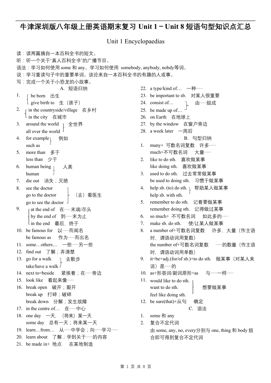 牛津深圳版八年级上册英语期末复习Unit-1-Unit-8短语句型知识点汇总.docx_第1页