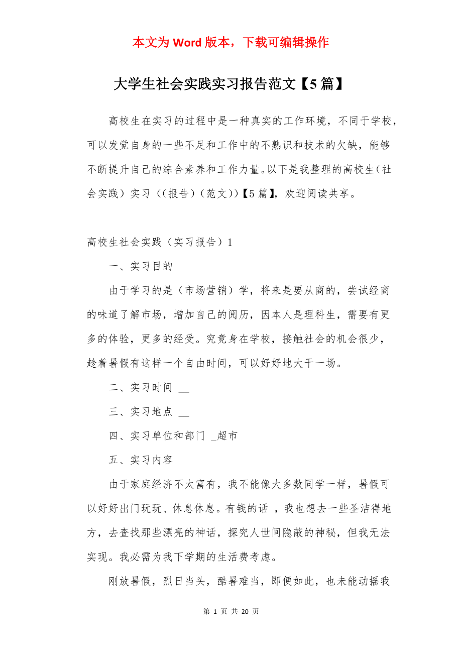 大学生社会实践实习报告范文【5篇】.docx_第1页