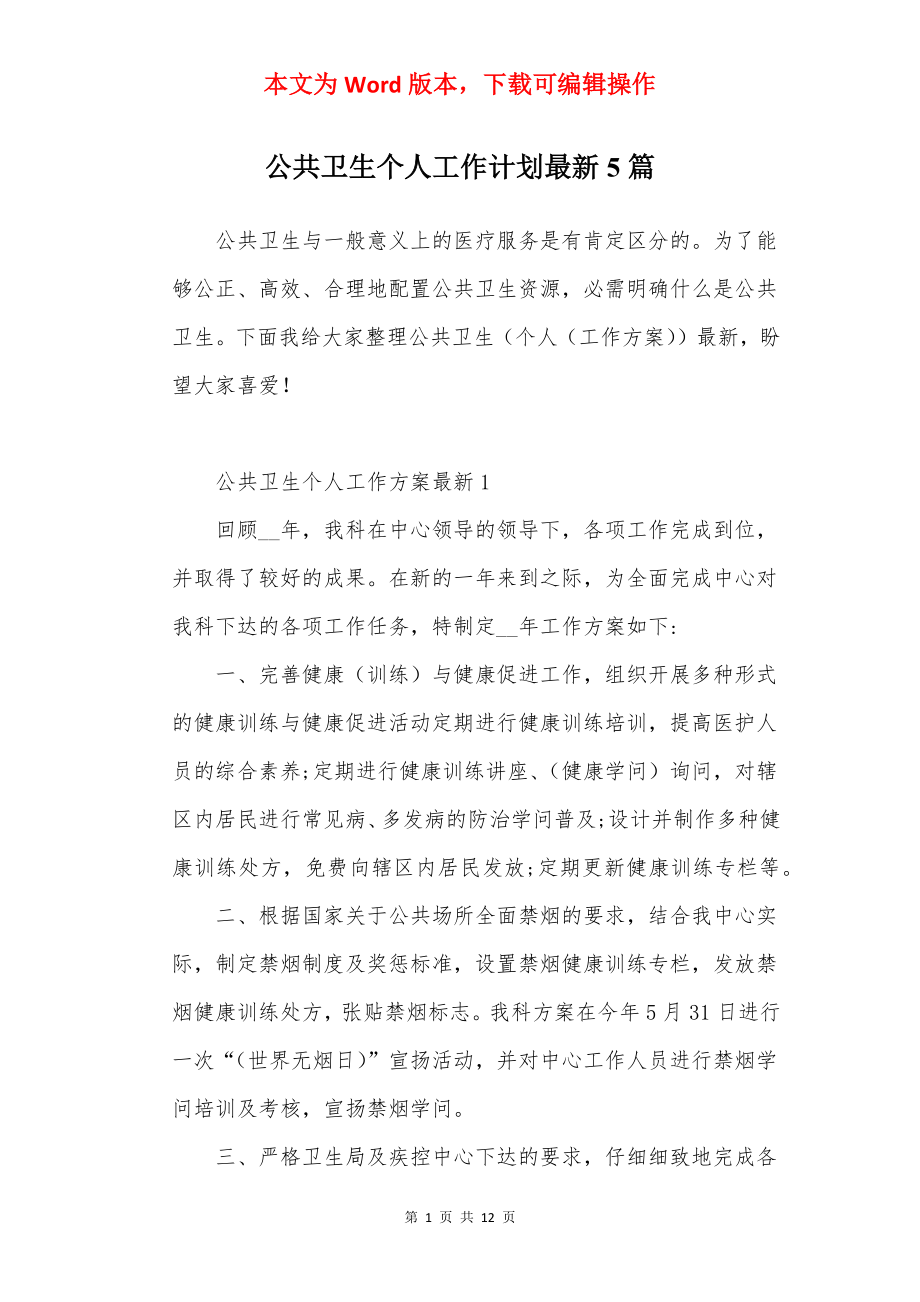 公共卫生个人工作计划最新5篇.docx_第1页