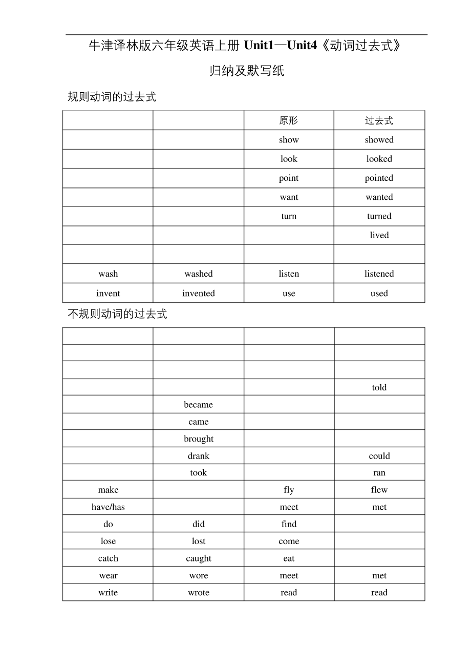 牛津译林版六年级英语上册第1-4单元《动词过去式》归纳及默写纸.docx_第1页