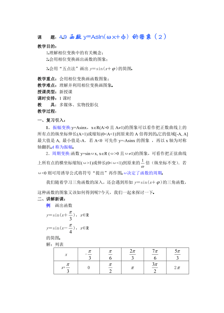 高中数学必修一高一数学第四章(第课时)函数y=Asin(ωxφ)的图象(二)公开课教案课件课时训练练.doc_第1页