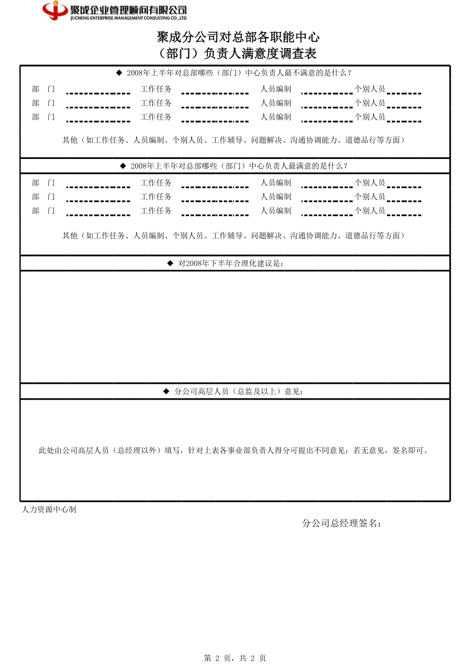 培训公司部门机构建立制度文件 规章制度 分公司对总部中心负责人满意度调查表－分公司填写0720.xls_第2页