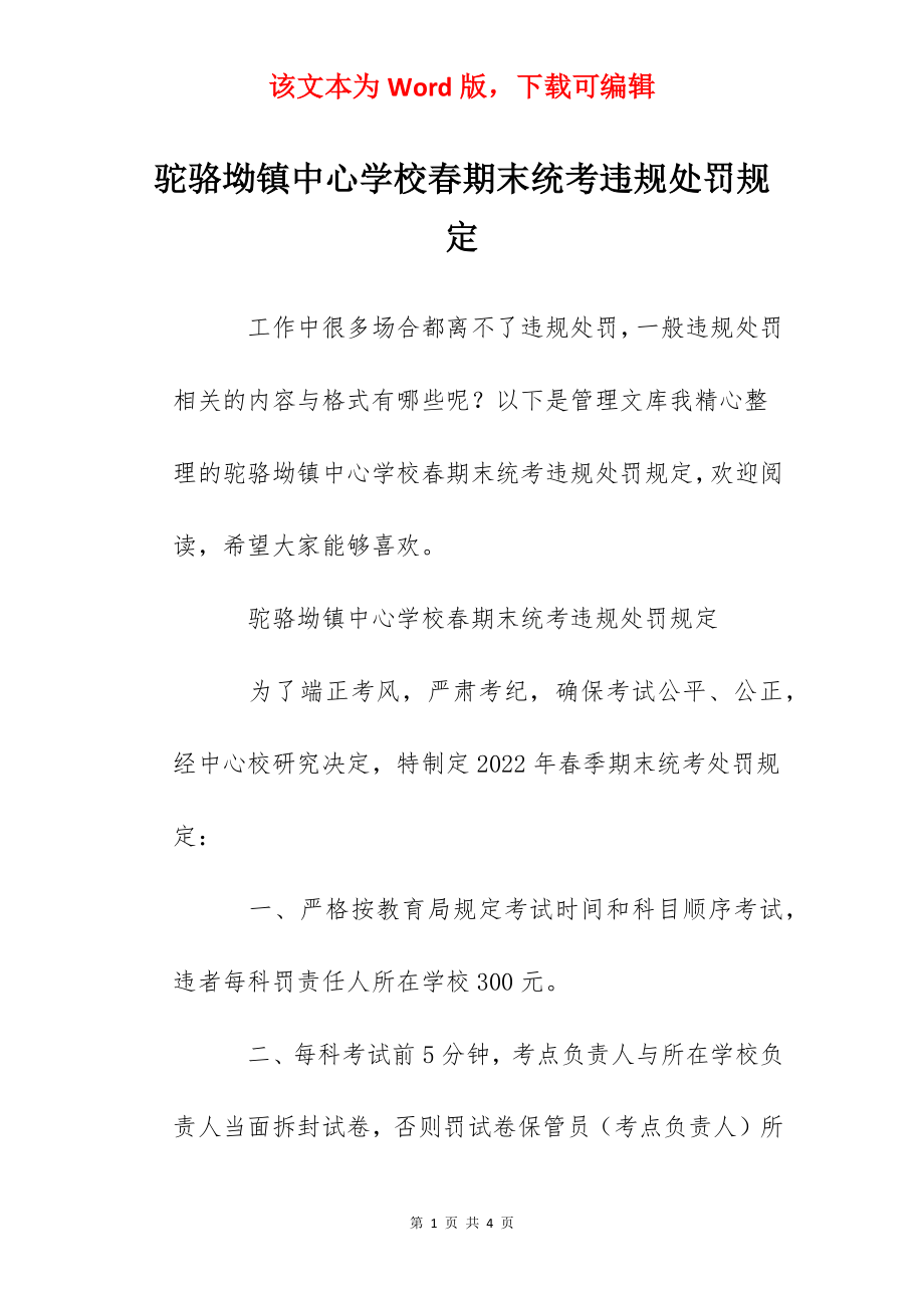 驼骆坳镇中心学校春期末统考违规处罚规定.docx_第1页