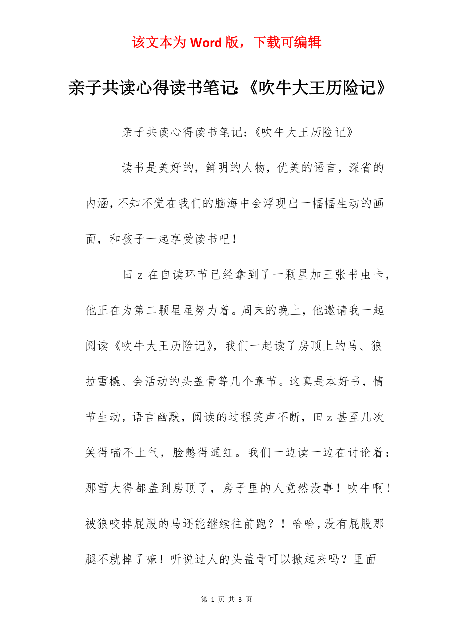 亲子共读心得读书笔记：《吹牛大王历险记》.docx_第1页