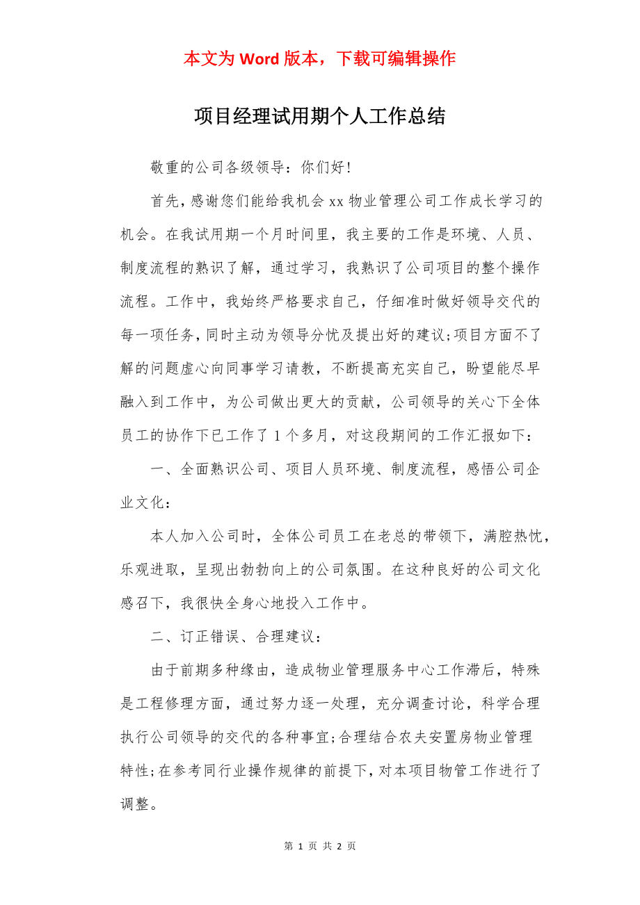 项目经理试用期个人工作总结.docx_第1页