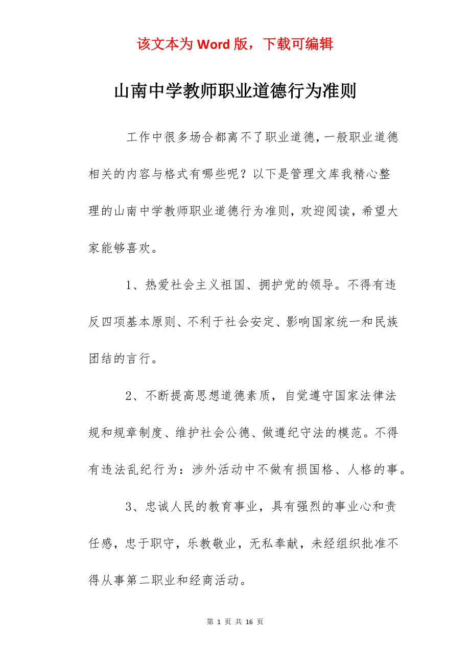 山南中学教师职业道德行为准则.docx_第1页