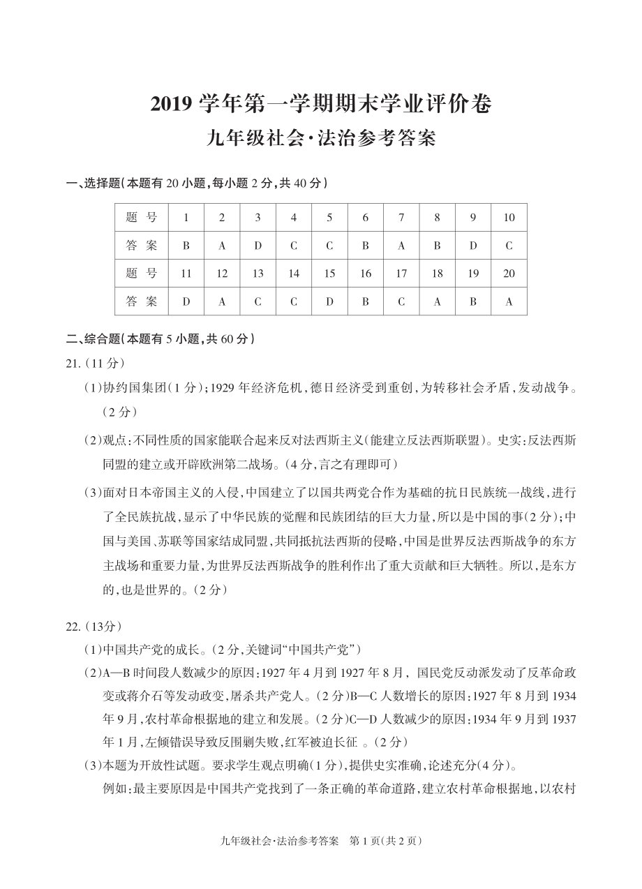 越城区2019学年第一学期九年级社会法治答案公开课.pdf_第1页