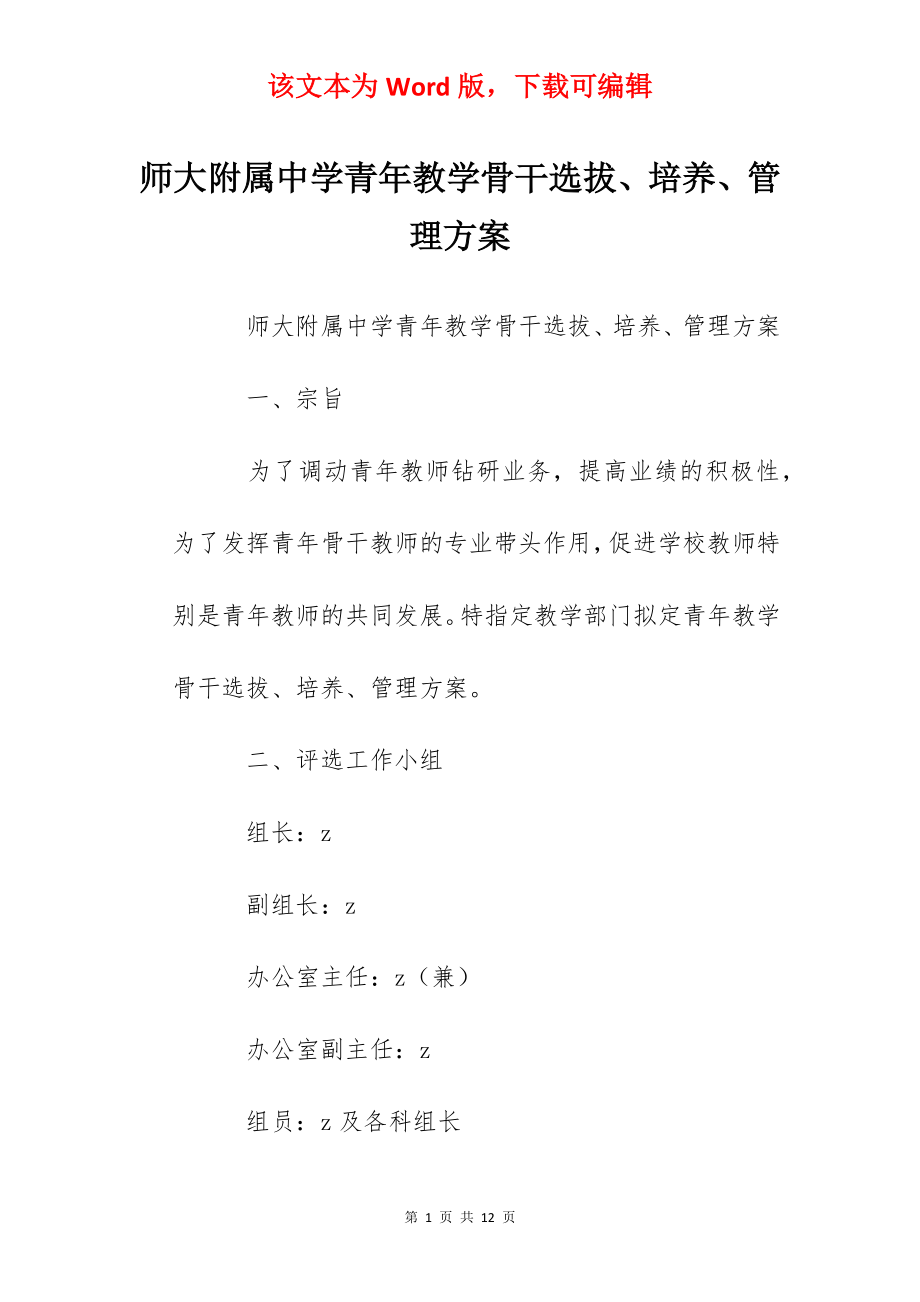 师大附属中学青年教学骨干选拔、培养、管理方案.docx_第1页