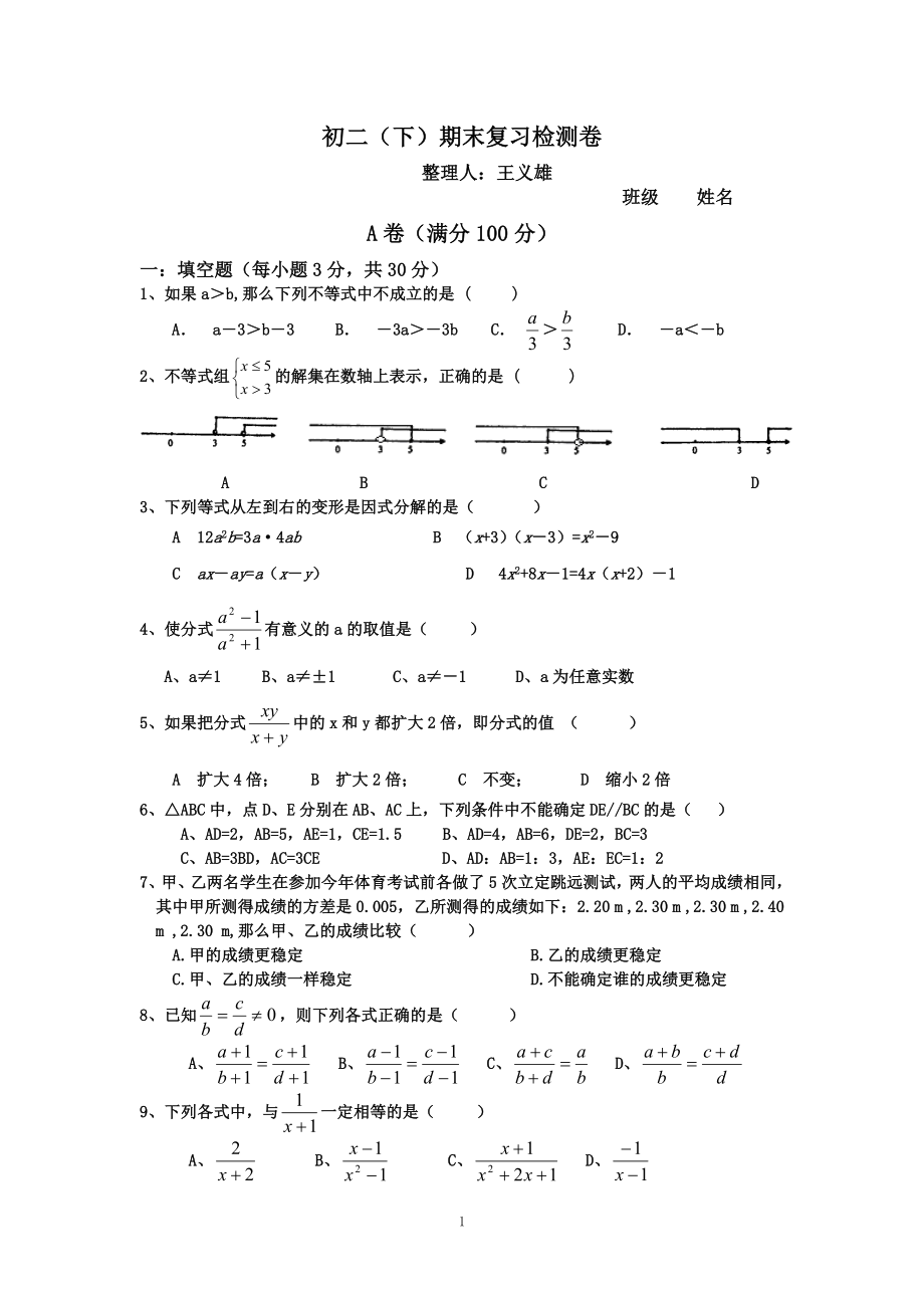 初中数学题库试题考试试卷 初2012级八下数学期末模拟题六王义雄.doc_第1页