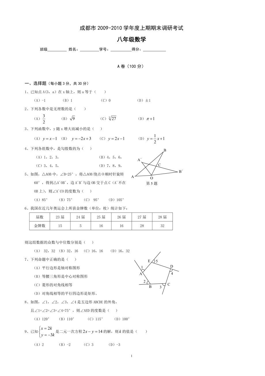 初中数学题库试题考试试卷 成都市2009-2010学年度八年级(上期末调研考试数学试卷.doc_第1页