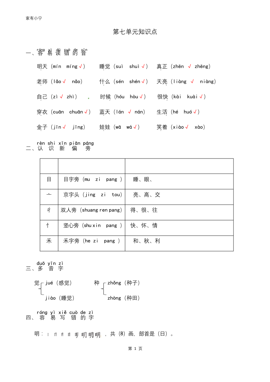 部编版小学一年级语文上册第七单元知识点整理.docx_第1页