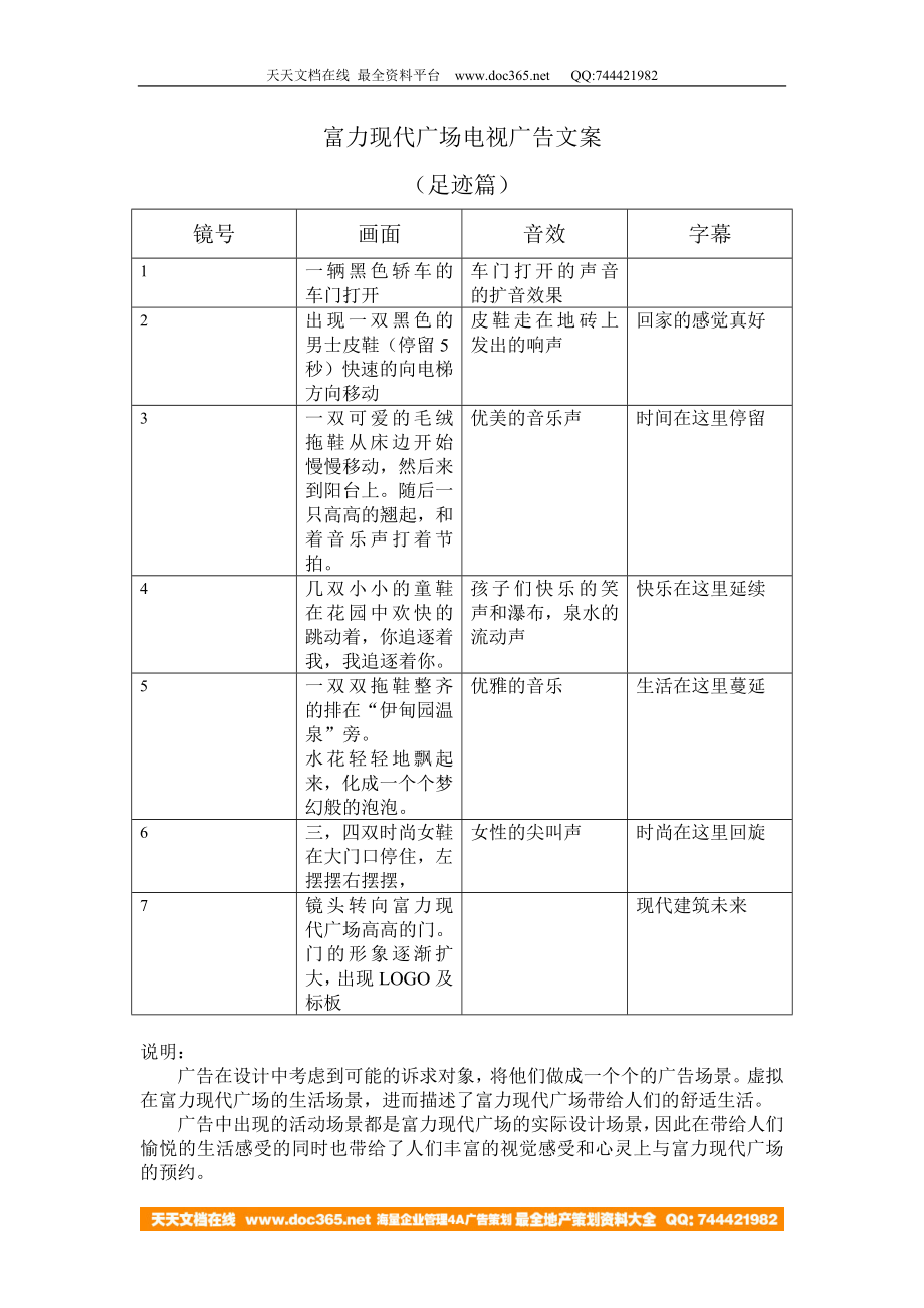 电影项目策划方案分析报告 现代富力广场电视广告足迹篇脚本文案.doc_第1页