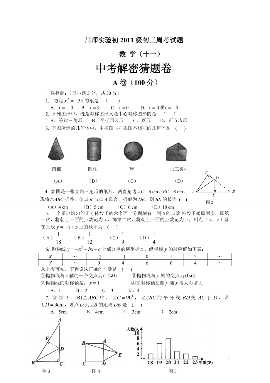 初中数学题库试题考试试卷 川师实验初2011级初三周考试题.11doc.doc_第1页