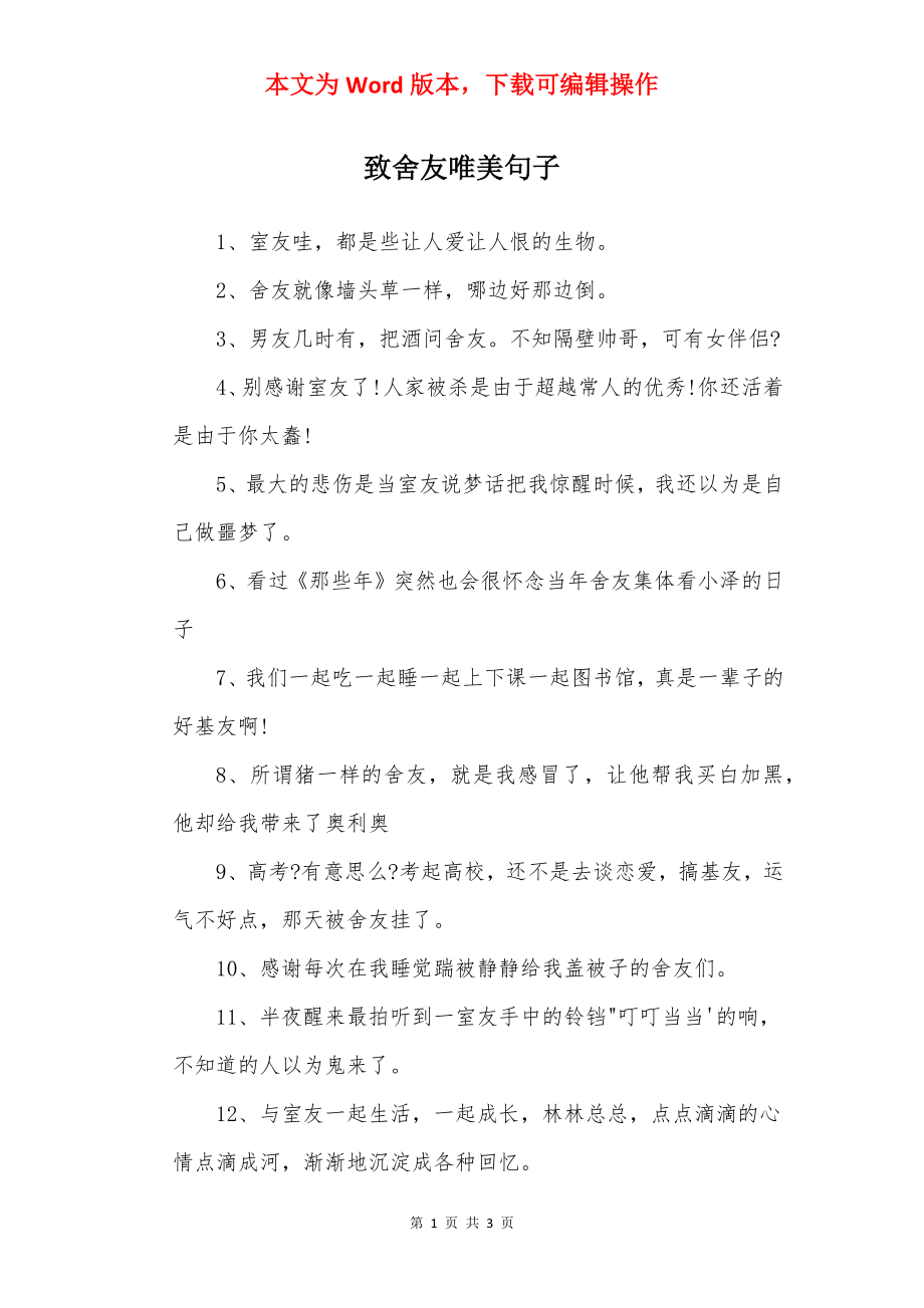 致舍友唯美句子.docx_第1页