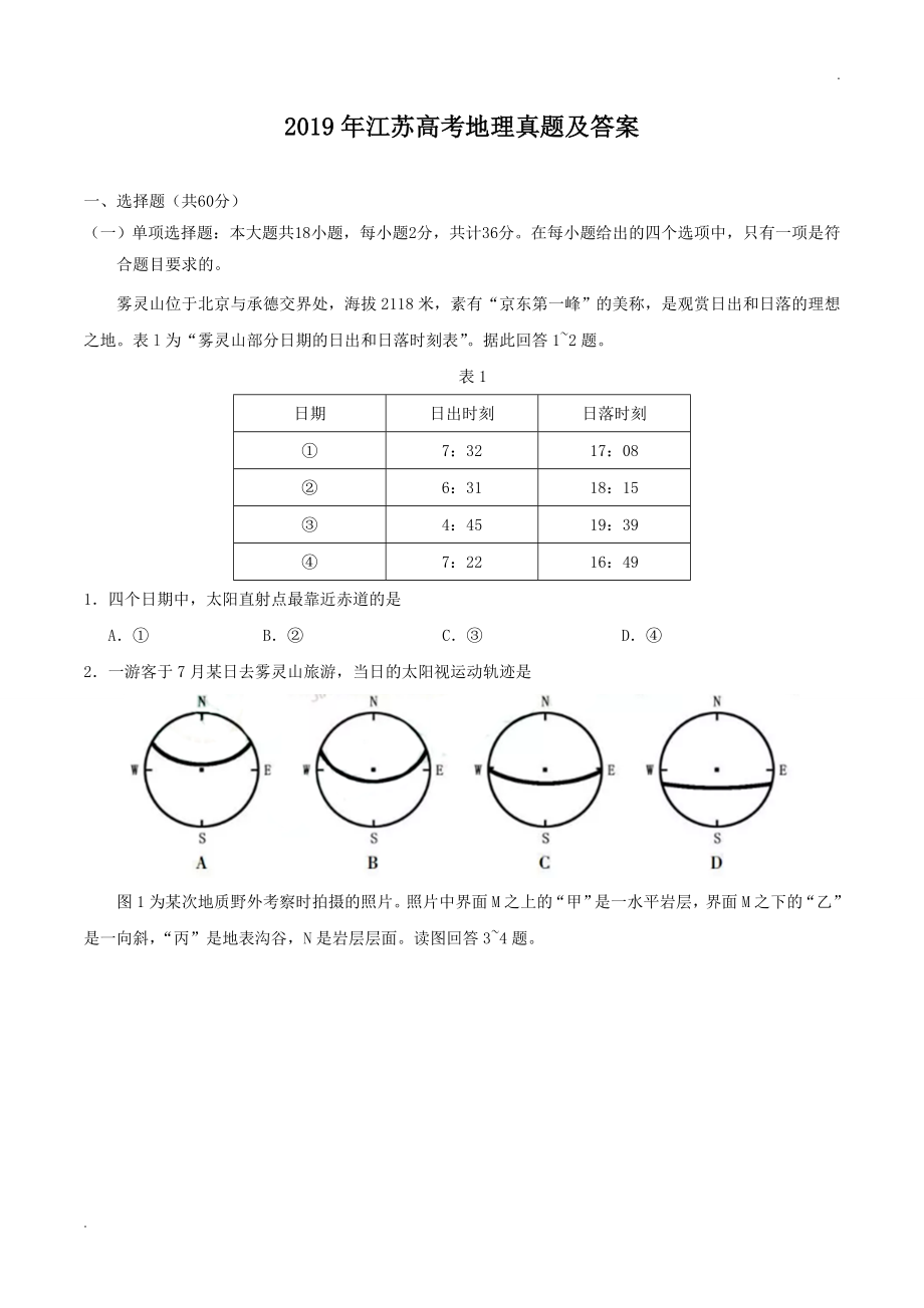 2019年江苏高考地理真题及答案.doc_第1页