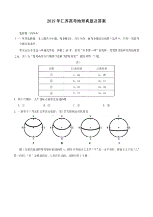 2019年江苏高考地理真题及答案.doc