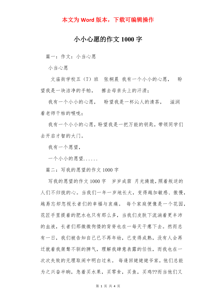 小小心愿的作文1000字.docx_第1页