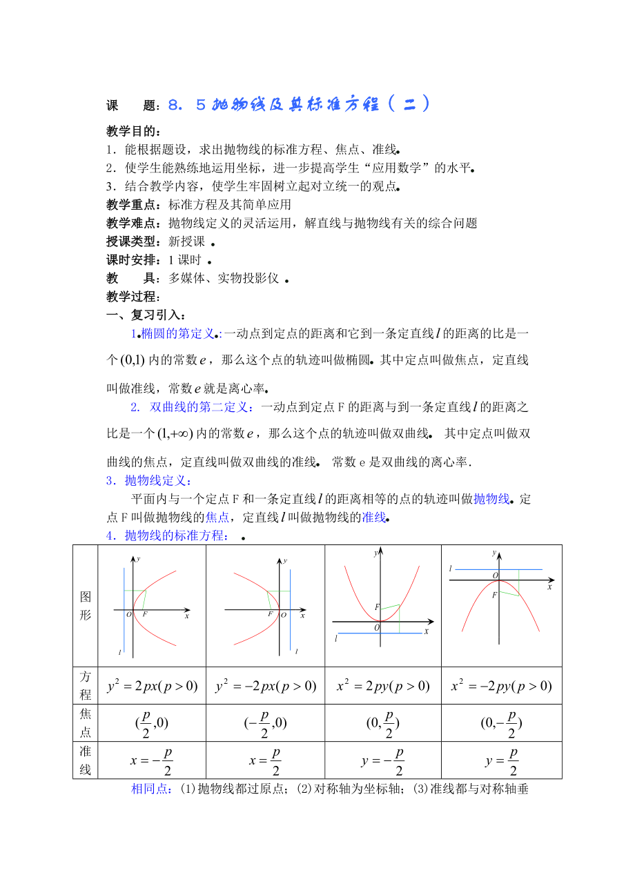 高中数学必修一高中数学第章圆锥曲线方程(第课时)抛物线及其标准方程公开课教案课件课时训练练习教案课件.doc_第1页