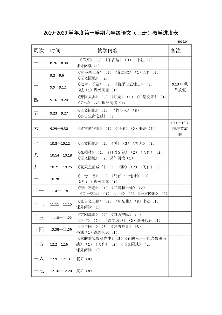 部编统编六上语文人教版六上语进度表公开课教案.doc_第1页